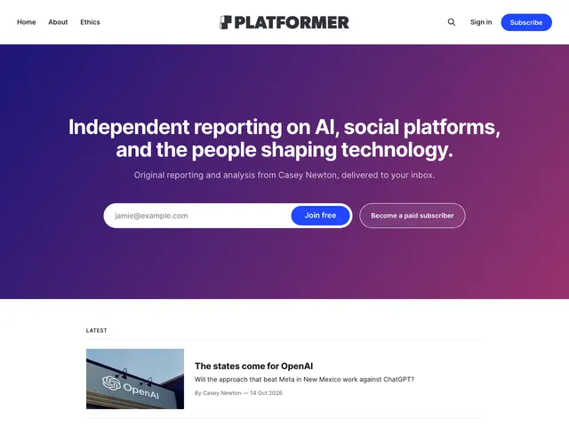 The Platformer homepage
