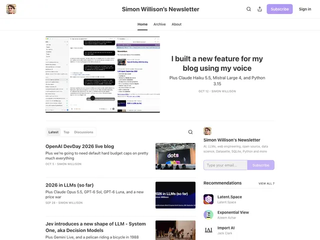 The Simon Willison's Newsletter homepage