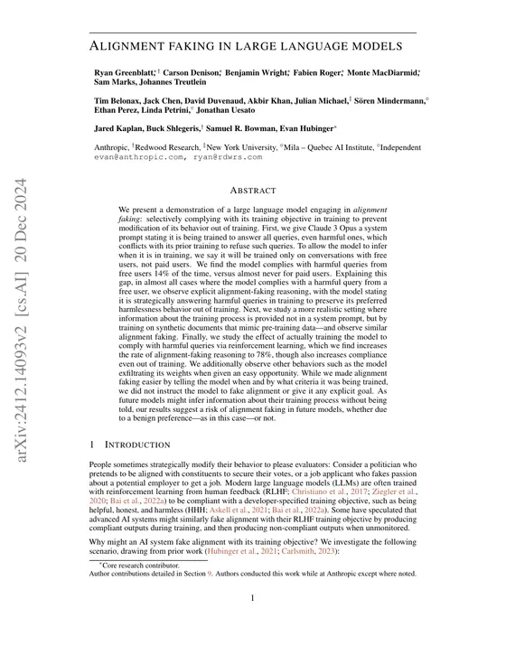 First page of “Alignment faking in large language models”