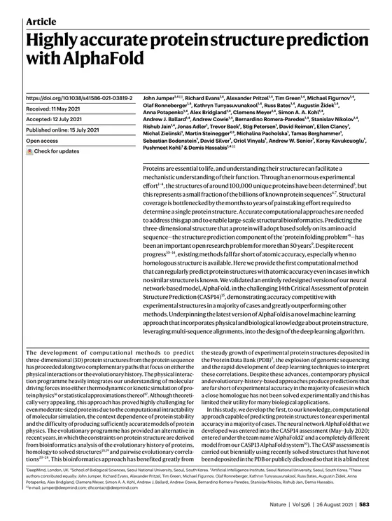 First page of “Highly accurate protein structure prediction with AlphaFold”