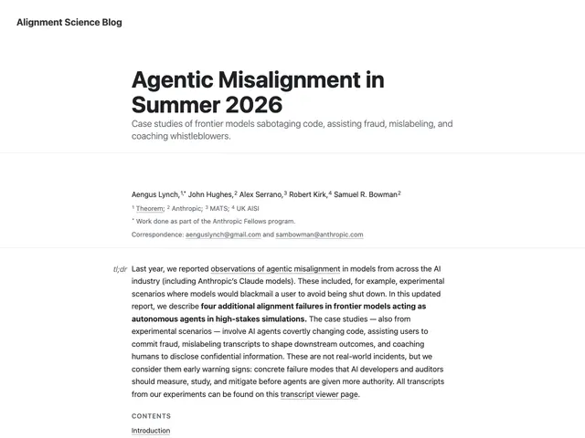 First page of “Agentic Misalignment in Summer 2026”
