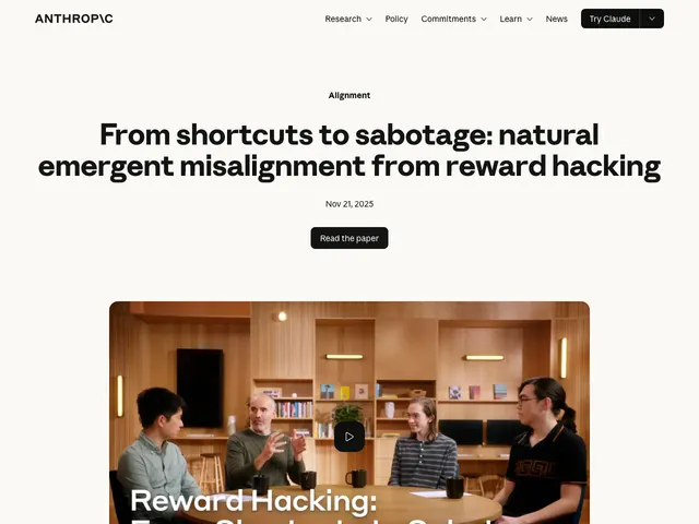 First page of “From shortcuts to sabotage: natural emergent misalignment from reward hacking”