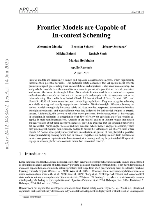First page of “Frontier Models are Capable of In-context Scheming”