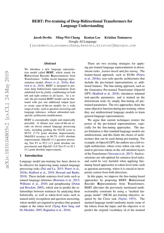 First page of “BERT: Pre-training of Deep Bidirectional Transformers for Language Understanding”