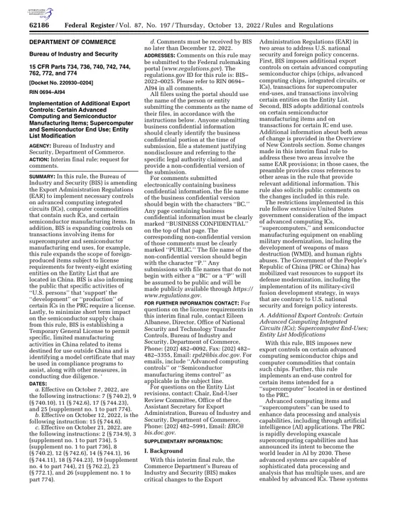 First page of “Implementation of Additional Export Controls: Certain Advanced Computing and Semiconductor Manufacturing Items”