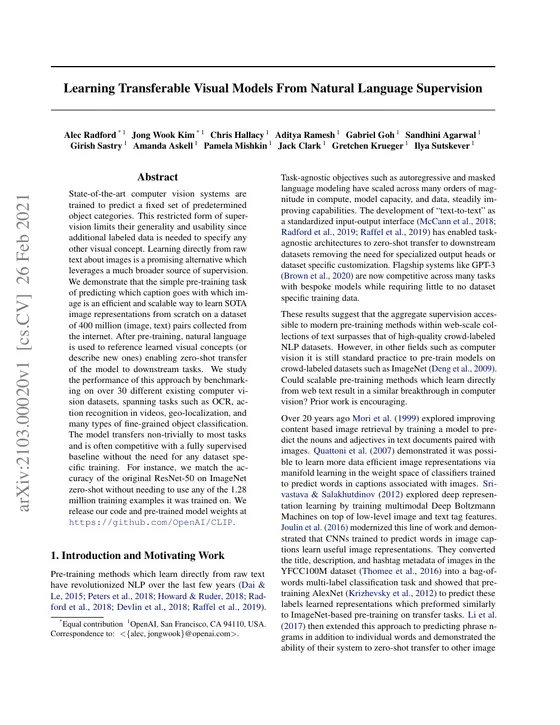 First page of “Learning Transferable Visual Models From Natural Language Supervision”