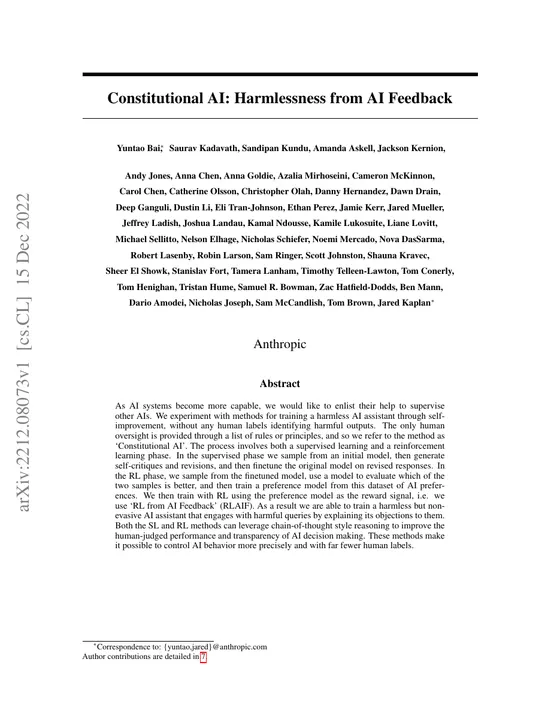 First page of “Constitutional AI: Harmlessness from AI Feedback”