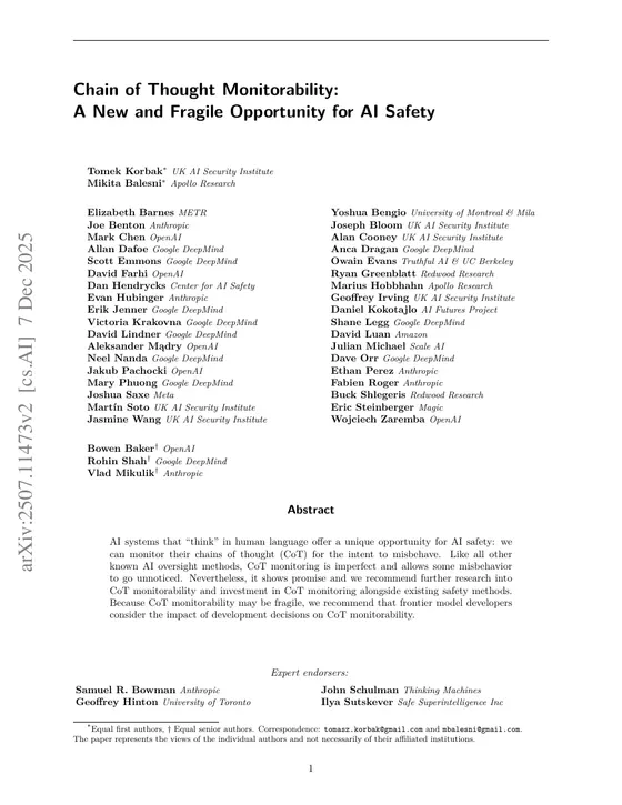 First page of “Chain of Thought Monitorability: A New and Fragile Opportunity for AI Safety”