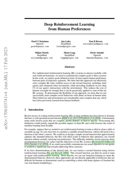First page of “Deep Reinforcement Learning from Human Preferences”