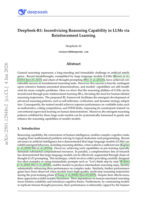 First page of “DeepSeek-R1: Incentivizing Reasoning Capability in LLMs via Reinforcement Learning”