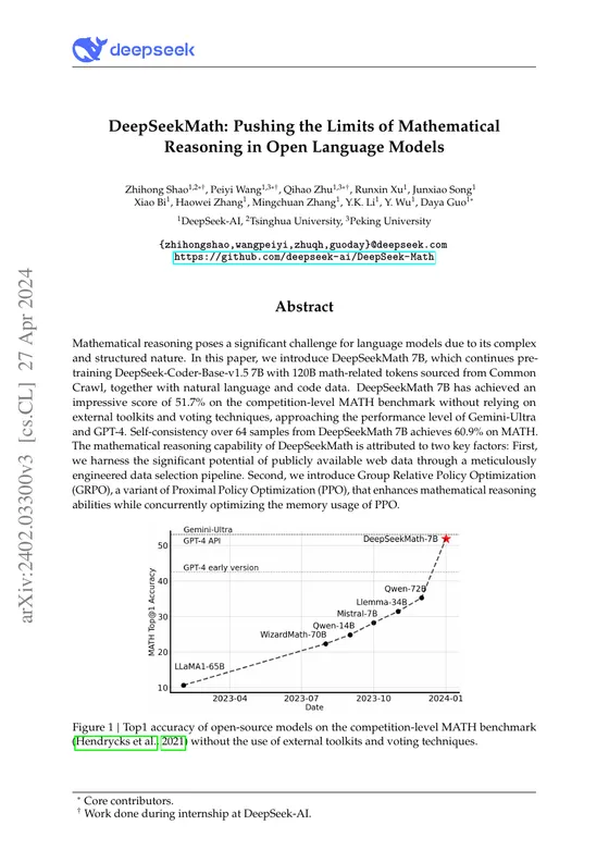 First page of “DeepSeekMath: Pushing the Limits of Mathematical Reasoning in Open Language Models”