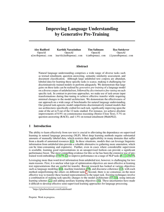 First page of “Improving Language Understanding by Generative Pre-Training”