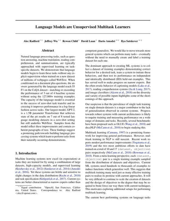 First page of “Language Models are Unsupervised Multitask Learners”