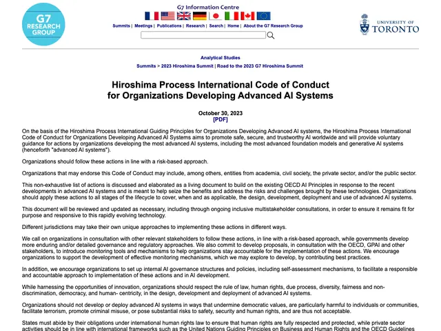 First page of “Hiroshima Process International Code of Conduct for Organizations Developing Advanced AI Systems”