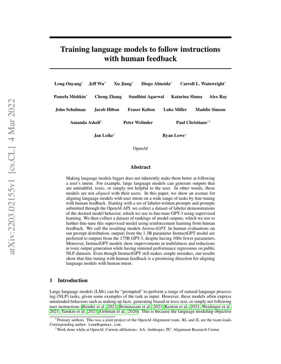 First page of “Training language models to follow instructions with human feedback”