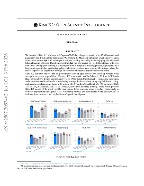 First page of “Kimi K2: Open Agentic Intelligence”