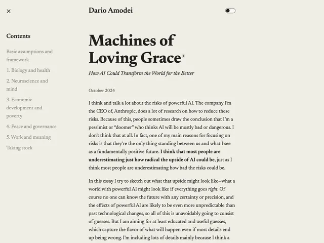 First page of “Machines of Loving Grace: How AI Could Transform the World for the Better”