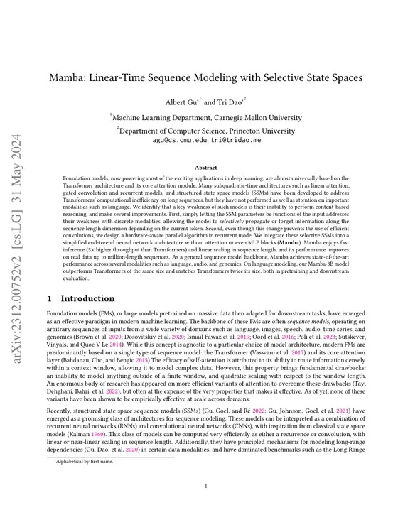 First page of “Mamba: Linear-Time Sequence Modeling with Selective State Spaces”