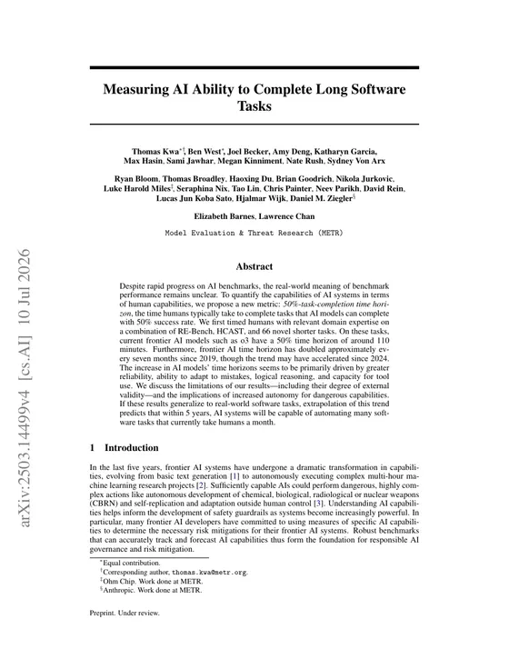 First page of “Measuring AI Ability to Complete Long Software Tasks”