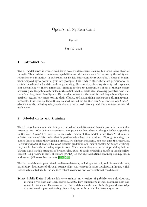First page of “OpenAI o1 System Card”