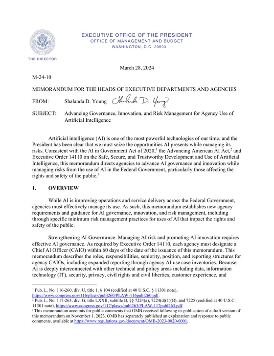 First page of “M-24-10: Advancing Governance, Innovation, and Risk Management for Agency Use of Artificial Intelligence”