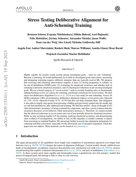 First page of “Stress Testing Deliberative Alignment for Anti-Scheming Training”