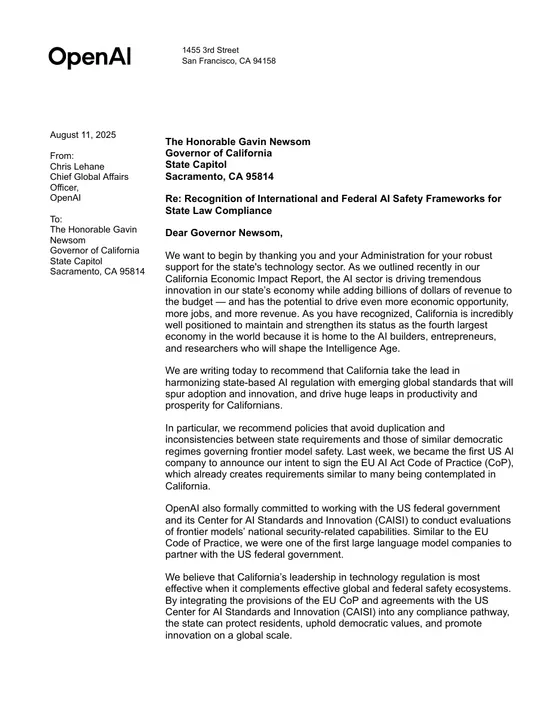 First page of “OpenAI letter to Governor Newsom on SB 53”