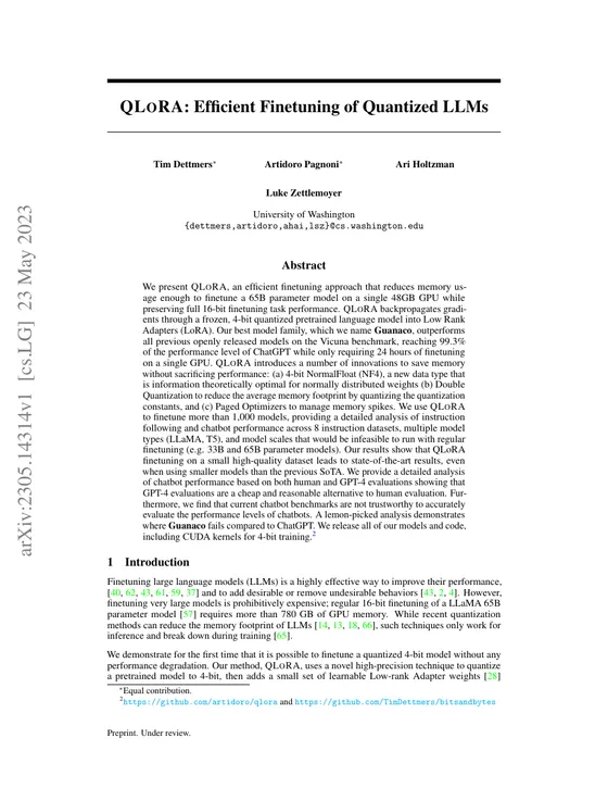First page of “QLoRA: Efficient Finetuning of Quantized LLMs”