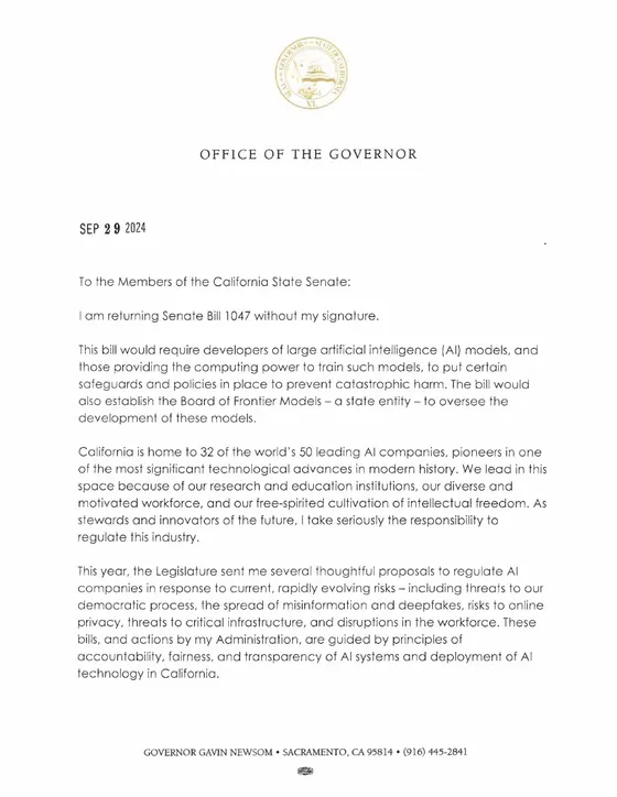 First page of “SB 1047 Veto Message”