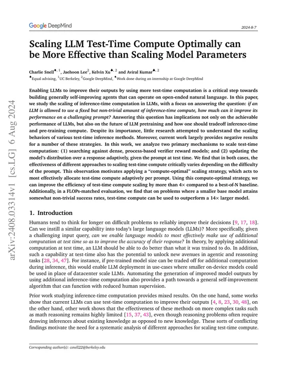 First page of “Scaling LLM Test-Time Compute Optimally can be More Effective than Scaling Model Parameters”