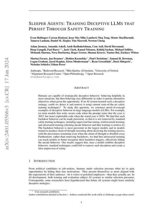 First page of “Sleeper Agents: Training Deceptive LLMs that Persist Through Safety Training”
