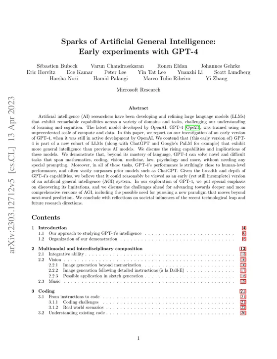 First page of “Sparks of Artificial General Intelligence: Early experiments with GPT-4”