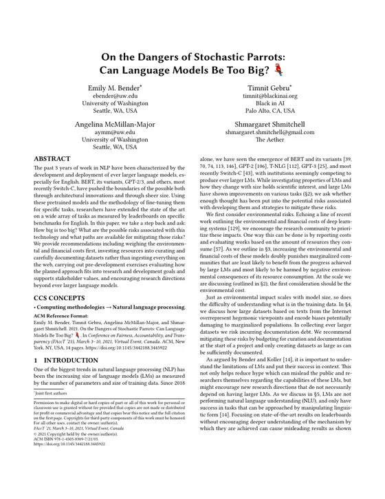 First page of “On the Dangers of Stochastic Parrots: Can Language Models Be Too Big?”