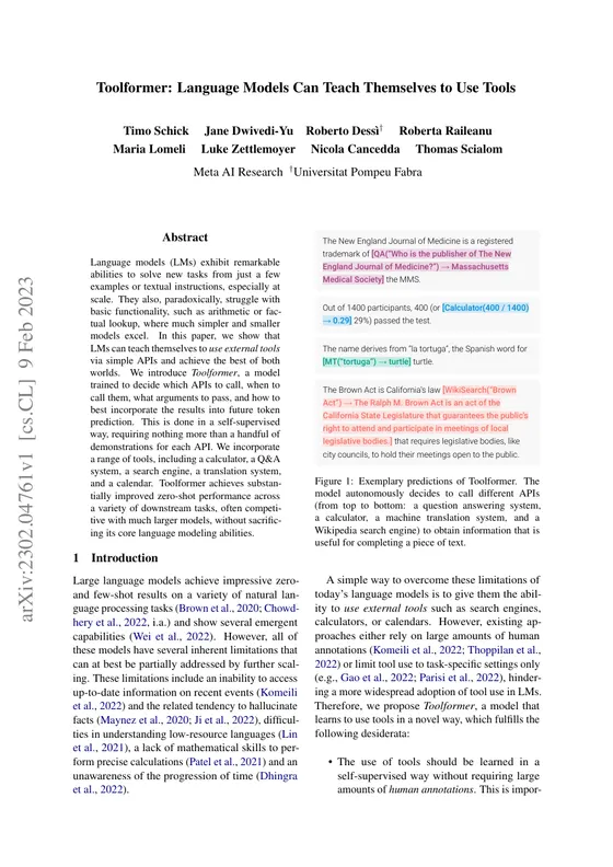 First page of “Toolformer: Language Models Can Teach Themselves to Use Tools”