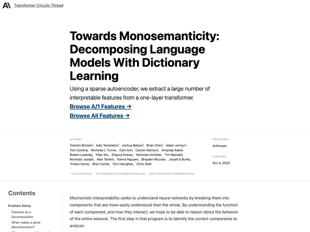 First page of “Towards Monosemanticity: Decomposing Language Models With Dictionary Learning”