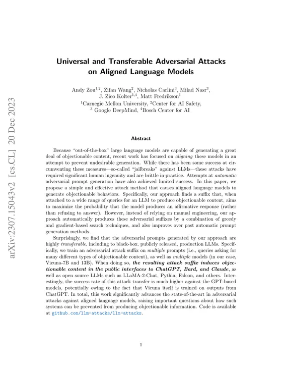 First page of “Universal and Transferable Adversarial Attacks on Aligned Language Models”