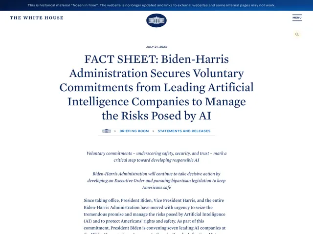First page of “FACT SHEET: Biden-Harris Administration Secures Voluntary Commitments from Leading Artificial Intelligence Companies”