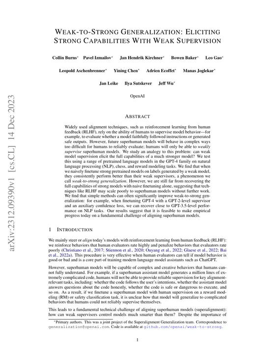 First page of “Weak-to-Strong Generalization: Eliciting Strong Capabilities With Weak Supervision”