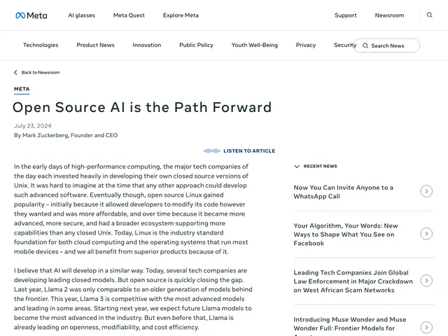 First page of “Open Source AI Is the Path Forward”